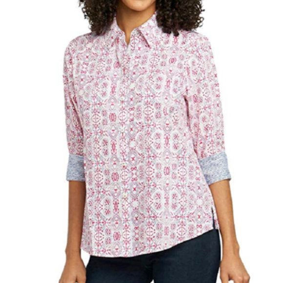 FOXCROFT Pink & Blue Easy Care Button Down Shirt - Picture 2 of 12